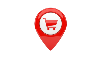 Red shopping cart location pin PNG isolated on transparent background, online store locator icon for maps and retail
