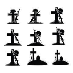 Set of silhouettes of tombstones with various decorations.