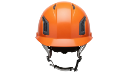 Orange construction safety helmet PNG isolated on transparent background, protective headgear for construction sites and industrial work