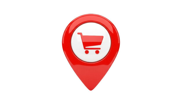 Red shopping cart location pin PNG isolated on transparent background, online store locator icon for maps and retail