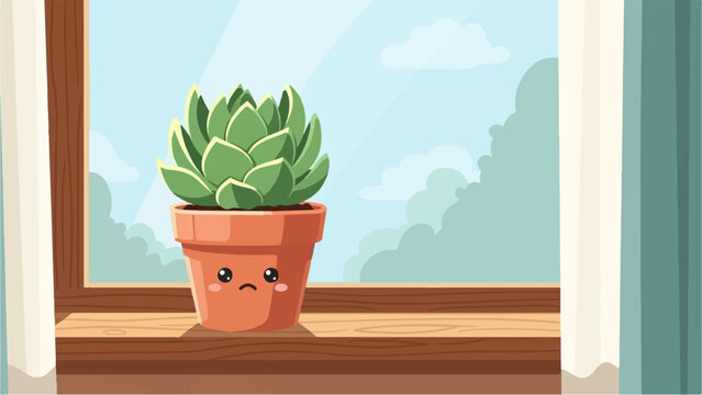 A potted succulent with a sad face sits on a windowsill with a window view