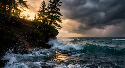 dramatic ocean storm with lightning over crashing waves and rocky cliff at sunset with evergreen trees and dark clouds in a moody coastal landscape