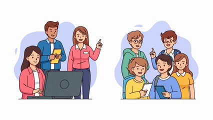 A group of diverse people collaborating, one using a laptop, while others engage with digital devices and share ideas