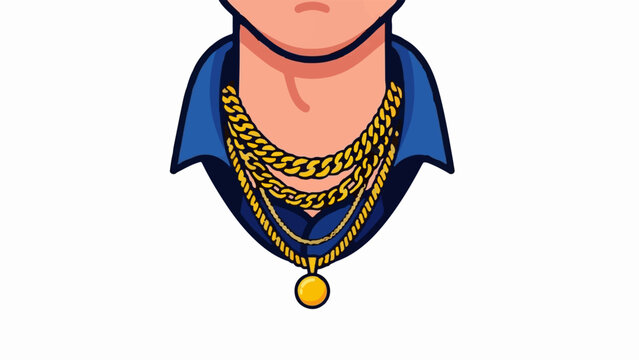 A person wearing multiple gold chains over a blue collared shirt