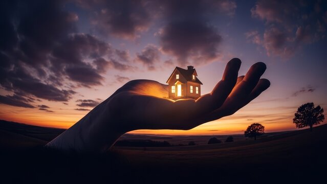 A giant hand holds an illuminated house against a sunset sky Trees dot a distant landscape