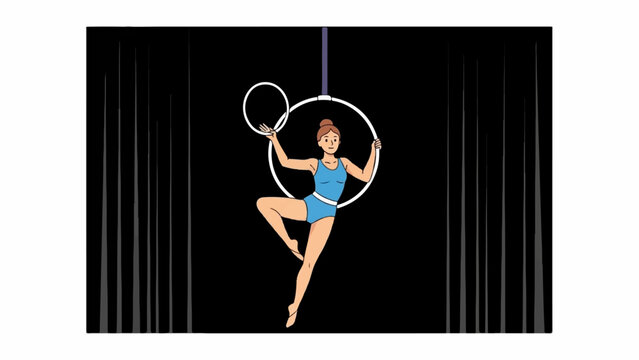 A gymnast performs aerial maneuvers on a hoop suspended against a backdrop of dark curtains