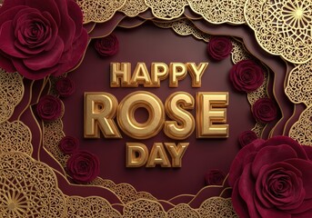 Happy Rose Day Golden Balloons with Red Roses and Ornate Gold Lace Decoration