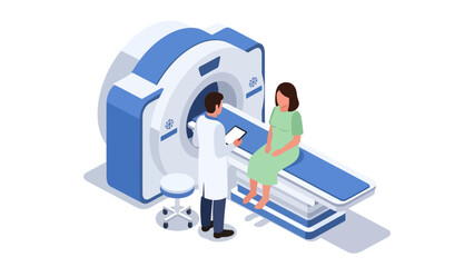 An isometric illustration shows a doctor with a tablet speaking to a woman sitting on the bed of a large blue and white MRI scanner, ready for a medical examination