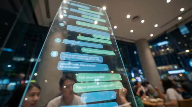 Chatbot for online store conversation bubble display modern cafe showing people chatting with smartphones and customer support messaging interface