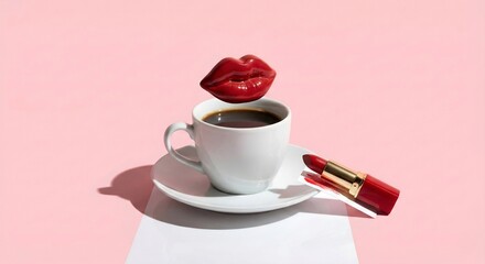 Surreal Espresso Still Life with Floating Red Lips and Lipstick on Pastel Pink Background