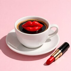 Surreal Espresso Still Life with Floating Red Lips and Lipstick on Pastel Pink Background