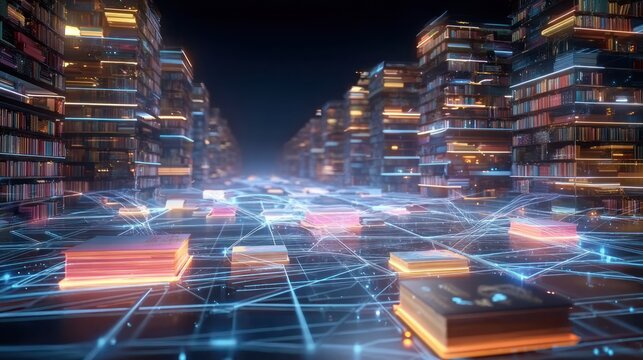 Abstract futuristic city of books digital data visualization