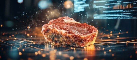 Raw Steak with Glowing Data Network and Futuristic Digital Interface for Food Technology and Scientific Analysis