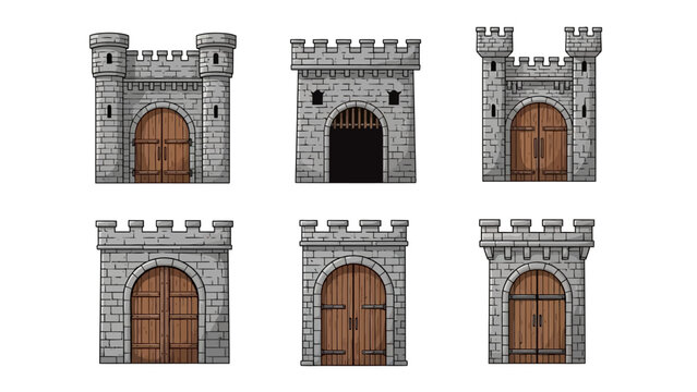 Illustration of six medieval castle gates with wooden doors on a white background