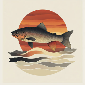 Salmon fish illustration with sunset background and water waves. Stylized illustration of a salmon fish swimming over water waves with a warm sunset landscape in the background. Concept of nature, fis