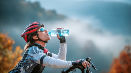 Female cyclist in helmet and sunglasses is hydrating with water bottle while resting on bicycle in a beautiful outdoor setting surrounded by nature