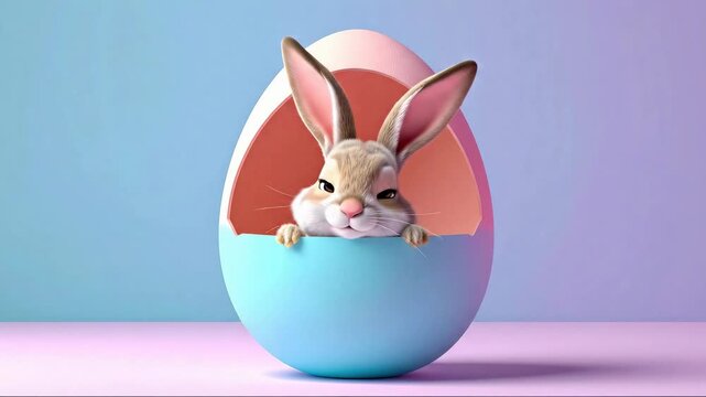 bunny peeking from colorful easter egg smiling and looking at camera in pastel studio scene with soft gradient background with copy space