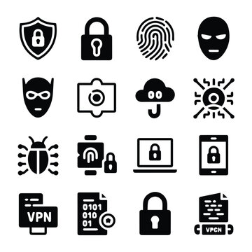 A set of black and white vector icons representing cybersecurity and online protection