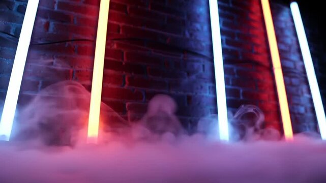 Abstract neon light installation with smoke against a dark brick wall background.
