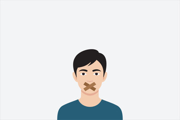 Flat vector illustration of man with taped mouth symbolizing silence, censorship and freedom of speech concept, minimal character design isolated on white background.