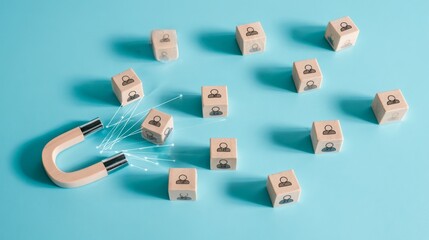 Magnet draws wooden blocks featuring user icons, symbolizing connection and engagement in a digital space, illustrating networking and collaboration themes