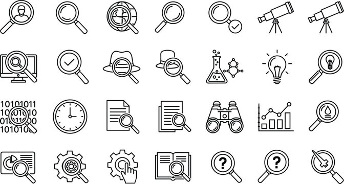 Vector collection of search and research line icons, featuring magnifying glass, telescope, binoculars, data analysis, investigation, and discovery symbols.