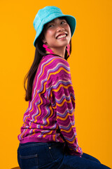 Beautiful asian woman portrait, asian woman smiling wearing colorful fashion and bucket hat