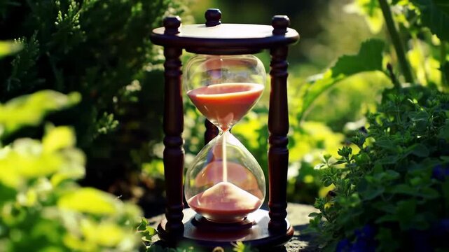 Hourglass with sand running through it, surrounded by green foliage in a garden setting.