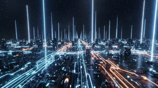 Futuristic cityscape with glowing lights