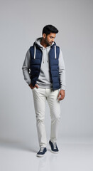 Stylish Young Man in Puffer Vest, Hoodie, and Chinos