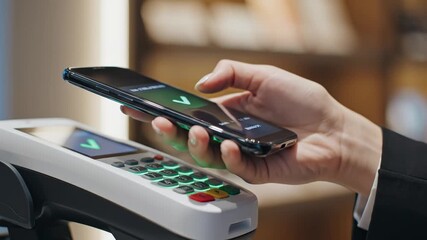 Person using smartphone for contactless payment - Powered by Adobe