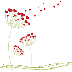 Dandelion with hearts. Happy Valentine's day greeting card. Lovely romance flower. Congratulation with Love. Valentine's day Vector illustration background.