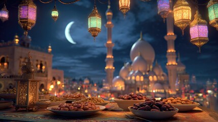 Evening scene with illuminated lanterns and arabian architecture