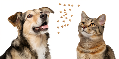 Ultra realistic dog and cat together, medium close-up, sitting side by side, both animals with mouths closed, calm focused expressions, eyes looking at falling pet food, dry kibble pieces frozen mid-a
