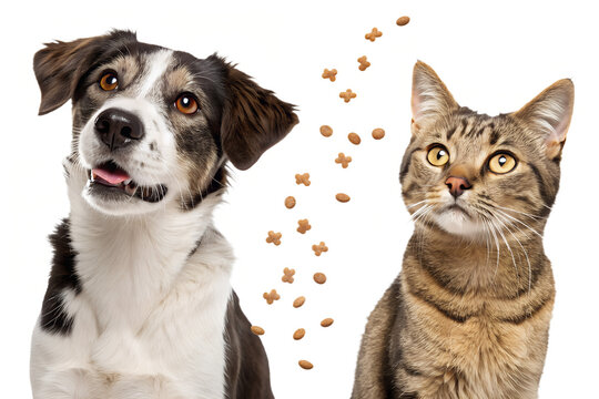 Ultra realistic dog and cat together, medium close-up, sitting side by side, both animals with mouths closed, calm focused expressions, eyes looking at falling pet food, dry kibble pieces frozen mid-a