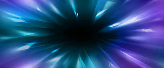 Speed light rays burst from dark center with radial motion blur effect. Dynamic zoom perspective with neon blue and purple beams radiating outward. Explosive starburst energy trails on black bg. © klyaksun