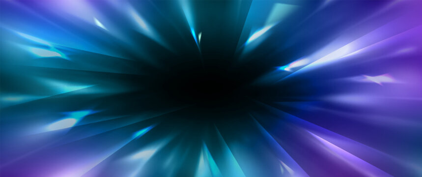 Speed light rays burst from dark center with radial motion blur effect. Dynamic zoom perspective with neon blue and purple beams radiating outward. Explosive starburst energy trails on black bg.
