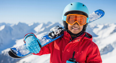 Happy young boy in ski gear on a snowy mountain