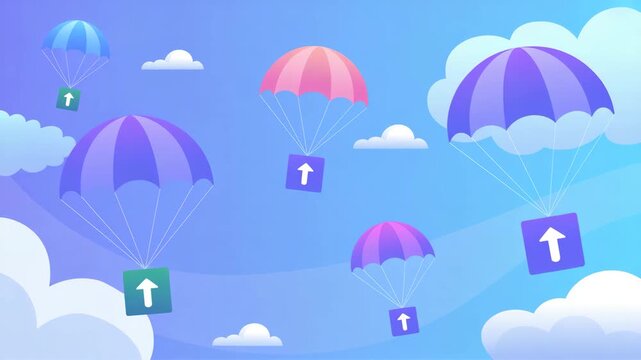 Colorful parachutes soar through sky with packages attached