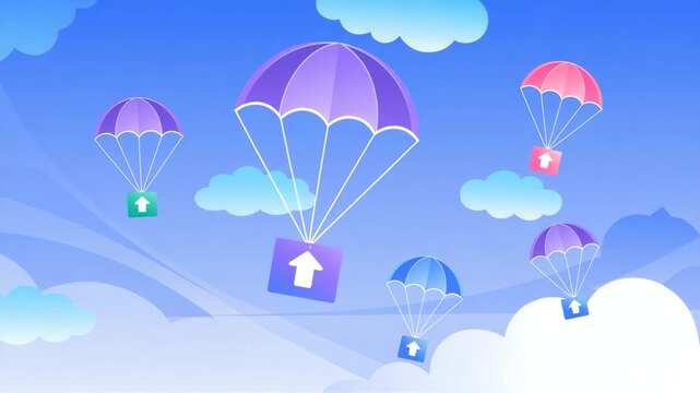 Colorful parachutes carrying upward arrows in a bright blue sky