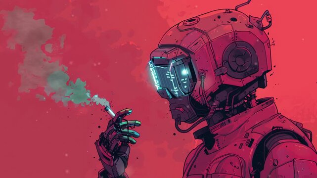 Cybernetic robot smokes in silence against moody red video LoFi animation, ai generated. Retro-futuristic smoker. Animated Lo-Fi aesthetic footage 4K clip motion graphics with floating dust particles