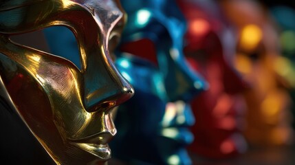 Vibrant metallic masks in row of colorful carnival celebration art