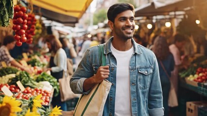 Man shopping at farmers market carrying reusable bag amongst fresh produce