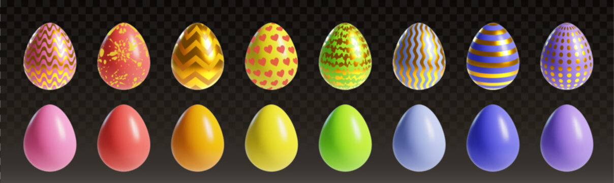 Neon color Easter eggs set isolated on transparent. Vector realistic illustration of holiday shape with creative golden stripe, dot, heart, splash pattern on eggshell, greeting card design elements