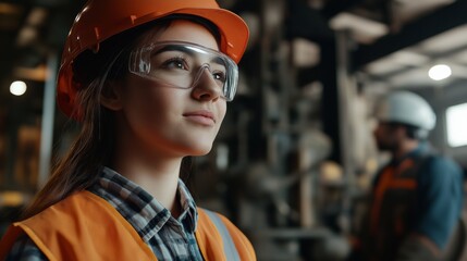 Girl trains for industrial work in workshop wearing safety gear with focus on future goals