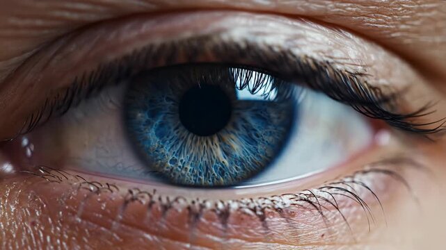 Close up of human eye with vibrant blue iris and intricate details, showcasing unique patterns and colors. VDO highlights natural beauty and complexity of eye, emphasizing vibrant color and detailed v
