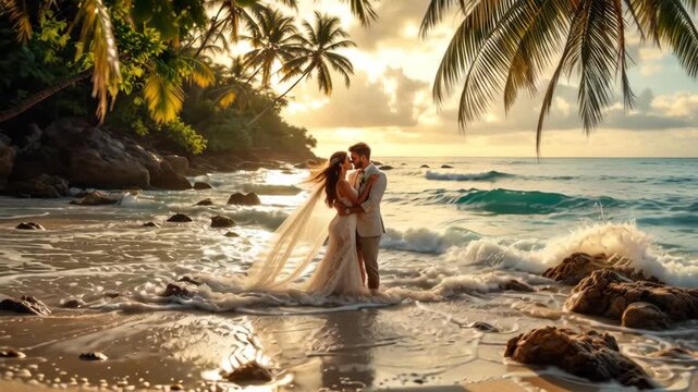 Woman and man in wedding attire embrace on a tropical beach at sunset, with waves gently washing ashore, for romantic wedding footage