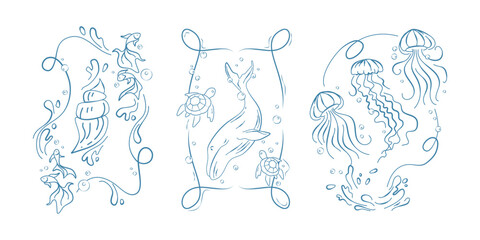 Fototapeta premium Sea life doodle frames set isolated on white background. Vector illustration of blue line borders with turtle, jellyfish, shell, elegant decoration for aquarium, resort banner, seafood restaurant menu