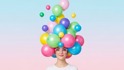 Smiling woman with glasses has a head covered in colorful balloons against a pastel backdrop