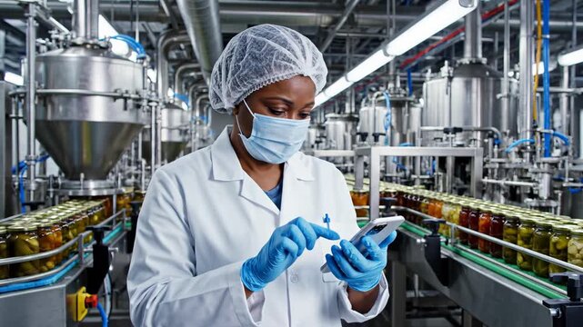 Woman in lab coat using phone at food factory